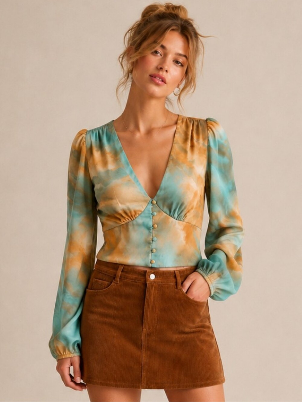 Milk & Honey Watercolor Satin Cropped Blouse Medium NWOT Boho Button Front EUC